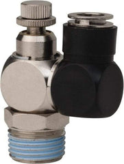 Value Collection - 1/2" Male NPT x 3/8" Tube OD Flow Control Offset Inline Valve - 0 to 113.76 psi & Techno Polymer, Brass, Steel Material - Americas Tooling