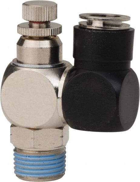 PRO-SOURCE - 3/8" Male NPT x 3/8" Tube OD Flow Control Offset Inline Valve - 0 to 113.76 psi & Techno Polymer, Brass, Steel Material - Americas Tooling