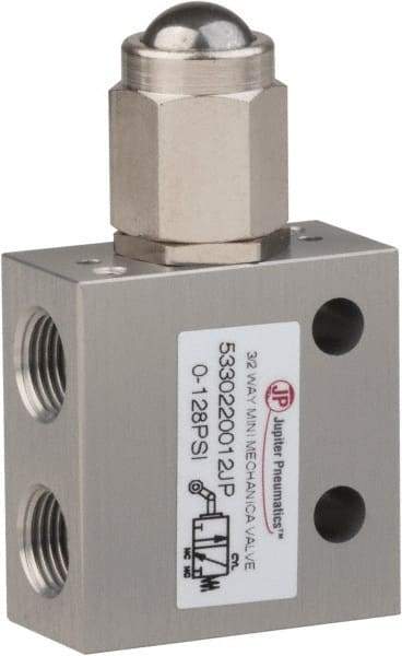 PRO-SOURCE - 1/8" NPT 3 Way, 2 Position Mini Mechanical Valve - 0.298 CV Rate, 7 CFM, 127.98 Max psi, Ball Plunger/Spring Actuator - Americas Tooling