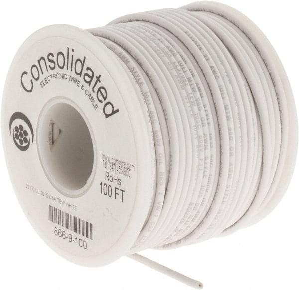 Made in USA - 22 AWG, 7 Strand, 100' OAL, Tinned Copper Hook Up Wire - White PVC Jacket, 0.091" Diam - Americas Tooling