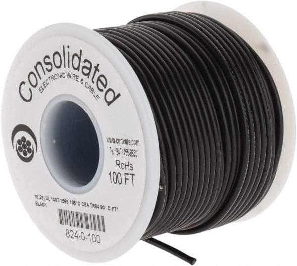 Made in USA - 16 AWG, 26 Strand, 100' OAL, Tinned Copper Hook Up Wire - Black PVC Jacket, 0.092" Diam - Americas Tooling