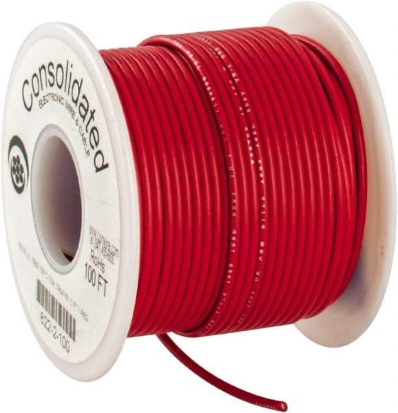 Made in USA - 18 AWG, 16 Strand, 100' OAL, Tinned Copper Hook Up Wire - Red PVC Jacket, 0.08" Diam - Americas Tooling