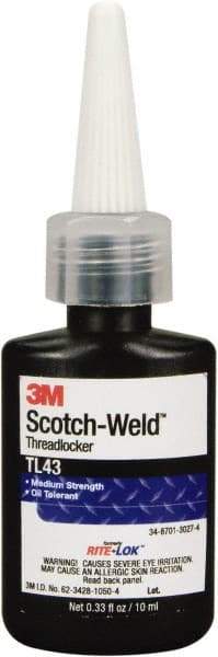 3M - 10 mL, Purple, Medium Strength Liquid Threadlocker - Series TL43, 24 Hour Full Cure Time, Hand Tool Removal - Americas Tooling