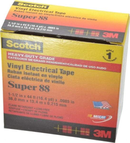 3M - 1-1/2" x 44', Black Vinyl Electrical Tape - Series 88, 8.5 mil Thick, 20 Lb./Inch Tensile Strength - Americas Tooling