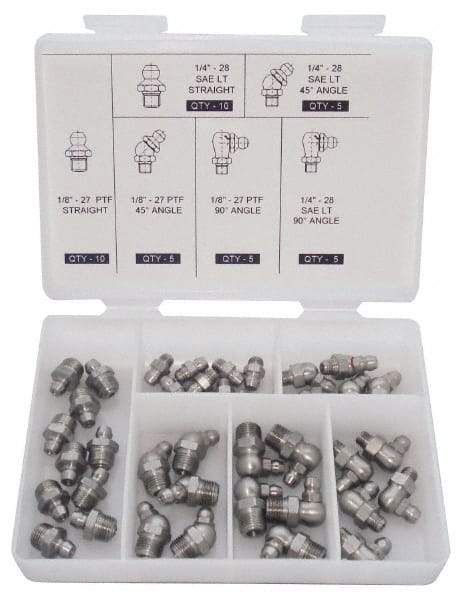 PRO-LUBE - 40 Piece, Inch, Box Plastic Stainless Steel Grease Fitting Set - Includes PTF, UNF Thread Types, Includes 1/4-28 SAE-LT: (10) Straight, (5) 45°, (5) 90°, 1/8-27 PTF: (10) Straight, (5) 45°, (5) 90° - Americas Tooling