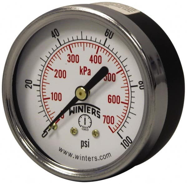 Pressure Gauge: 2-1/2″ Dial, 0 to 60 psi, 1/4″ Thread, NPT, Center Back Mount Economy Pressure Gauge, Steel Case, Brass Wetted Parts, 3-2-3% of Scale Accuracy