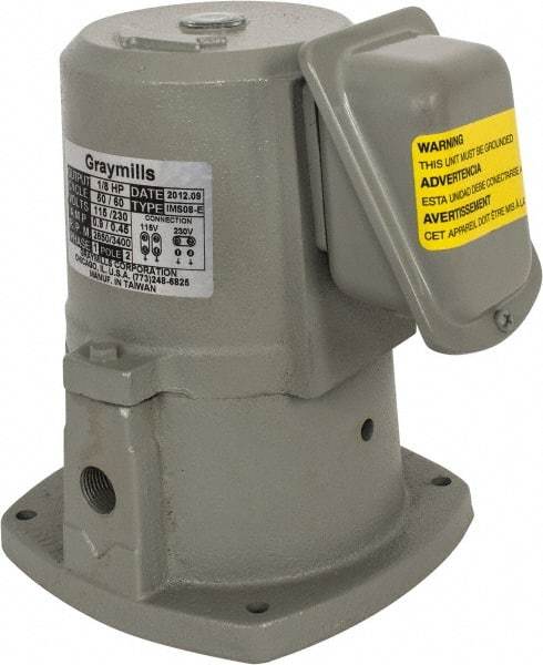 Graymills - 0.7/0.35 Amp, 115/230 Volt, 1/8 hp, 1 Phase, 3,450 RPM, Cast Iron Suction Machine Tool & Recirculating Pump - 9.5 GPM, 14 psi, 5-1/2" Long x 5-1/2" Mounting Flange Width, 6-7/8" Overall Height, Plastic Impeller, Sealed Motor - Americas Tooling