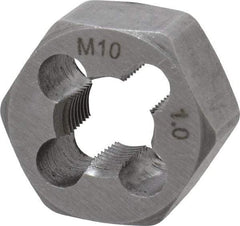 Interstate - M10x1.00 Metric Fine Thread, 25/32" Hex, Right Hand Thread, Hex Rethreading Die - Carbon Steel, 7/16" Thick - Exact Industrial Supply