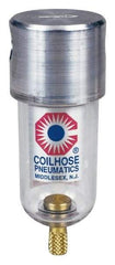 Coilhose Pneumatics - 1/8" Port, 4" High x 1-1/2" Wide, Miniature FRL Filter with Polycarbonate Bowl & Manual Drain - 25 SCFM, 150 Max psi, 120°F Max, 1.5 oz Bowl Capacity - Americas Tooling