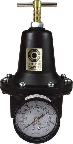 Coilhose Pneumatics - 1/4 NPT Port, 40 CFM, Cast Aluminum Heavy-Duty T-Handle Regulator - 0 to 125 psi Range, 250 Max psi Supply Pressure, 1/4" Gauge Port Thread, 3" Wide x 5-1/2" High - Americas Tooling