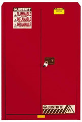 Justrite - 2 Door, 5 Shelf, Red Steel Standard Safety Cabinet for Flammable and Combustible Liquids - 65" High x 43" Wide x 18" Deep, Manual Closing Door, 3 Point Key Lock, 60 Gal Capacity - Americas Tooling