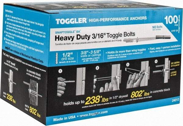 Toggler - 3/16" Screw, 6-1/4" Long, 3/8 to 3-5/8" Thick, Toggle Bolt Drywall & Hollow Wall Anchor - 3/16 - 24" Thread, 1/2" Drill, Zinc Plated, Steel, Grade 1010, Use in Drywall - Americas Tooling