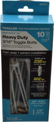 Toggler - 3/16" Screw, 6-1/4" Long, 3/8 to 3-5/8" Thick, Toggle Bolt Drywall & Hollow Wall Anchor - 3/16 - 24" Thread, 1/2" Drill, Zinc Plated, Steel, Grade 1010, Use in Drywall - Americas Tooling