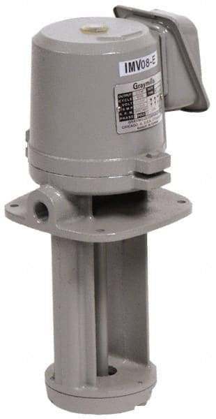 Graymills - 230/460 Volt, 3/4 hp, 3 Phase, 3,450 RPM, Cast Iron Immersion Machine Tool & Recirculating Pump - 45 GPM, 52 psi, 7-1/2" Long x 7-1/2" Mounting Flange Width, 21-1/16" Overall Height, Metric Thread, Aluminum Impeller - Americas Tooling