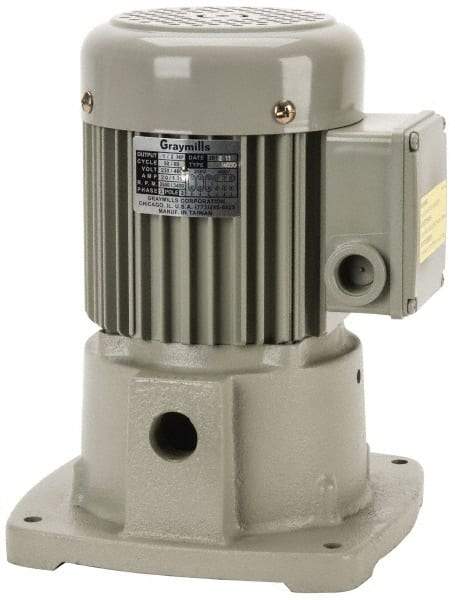 Graymills - 230/460 Volt, 1/2 hp, 3 Phase, 3,450 RPM, Cast Iron Suction Machine Tool & Recirculating Pump - 32 GPM, 3/4" Inlet, 42 psi, 8-1/2" Long x 7-3/8" Mounting Flange Width, 11-1/32" Overall Height, Metric Thread, Aluminum Impeller - Americas Tooling