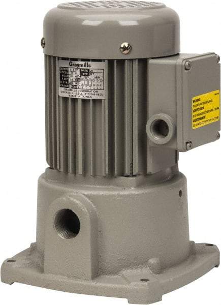 Graymills - 230/460 Volt, 3/4 hp, 3 Phase, 3,450 RPM, Cast Iron Suction Machine Tool & Recirculating Pump - 43 GPM, 1" Inlet, 52 psi, 8" Long x 8" Mounting Flange Width, 11-13/16" Overall Height, Metric Thread, Aluminum Impeller - Americas Tooling