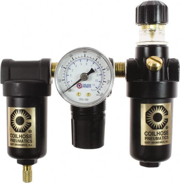 Coilhose Pneumatics - 1/8" NPT Port Miniature 3 Piece Filter-Regulator-Lubricator FRL Unit - Metal Bowl, 25 SCFM, 250 Max psi, 6.125" High, Manual Drain - Americas Tooling