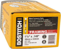 Stanley Bostitch - 10 Gauge 0.148" Shank Diam 1-1/2" Long Metal Connecting Nails for Power Nailers - Steel, Bright Finish, Smooth Shank, Angled Stick Paper Tape Collation, Round Head, Diamond Point - Americas Tooling