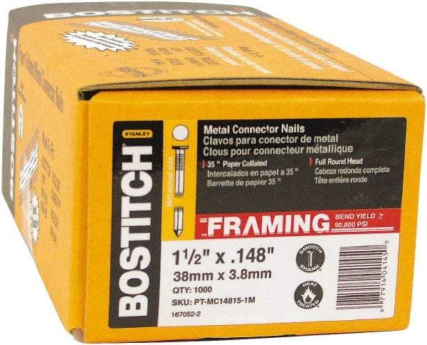 Stanley Bostitch - 10 Gauge 0.148" Shank Diam 1-1/2" Long Metal Connecting Nails for Power Nailers - Steel, Galvanized Finish, Smooth Shank, Angled Stick Paper Tape Collation, Round Head, Diamond Point - Americas Tooling