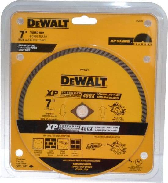 DeWALT - 7" Diam, 5/8" Arbor Hole Diam, Wet & Dry Cut Saw Blade - Diamond-Tipped, Standard Round Arbor - Americas Tooling