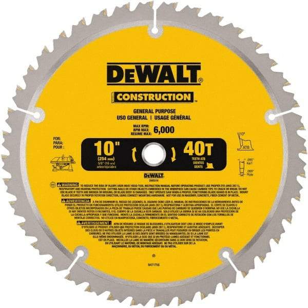 DeWALT - 10" Diam, 5/8" Arbor Hole Diam, 40 Tooth Wet & Dry Cut Saw Blade - Carbide-Tipped, General Purpose Action, Standard Round Arbor - Americas Tooling