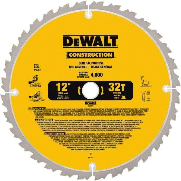 DeWALT - 12" Diam, 1" Arbor Hole Diam, 32 Tooth Wet & Dry Cut Saw Blade - Carbide-Tipped, General Purpose Action, Standard Round Arbor - Americas Tooling