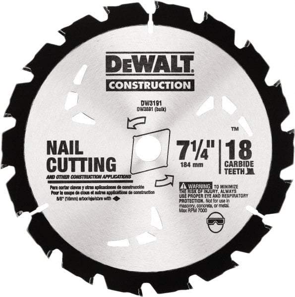 DeWALT - 7-1/4" Diam, 18 Tooth Wet & Dry Cut Saw Blade - Carbide-Tipped, Standard Round Arbor - Americas Tooling