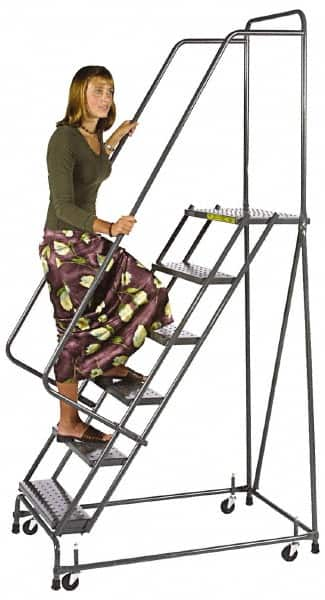 Ballymore - 73" 4 Step Ladder - Spring Loaded Rolling Safety Ladder, 450 Lb Capacity, 38" Platform Height, 30" Base Width x 35" Base Depth, Perforated Tread - Americas Tooling