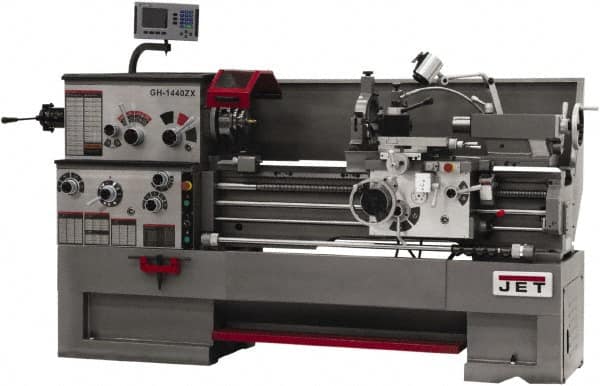 Jet - 14" Swing, 40" Between Centers, 230 Volt, Triple Phase Engine Lathe - 7MT Taper, 7-1/2 hp, 42 to 1,800 RPM, 3-1/8" Bore Diam, 40" Deep x 47" High x 97-1/2" Long - Americas Tooling