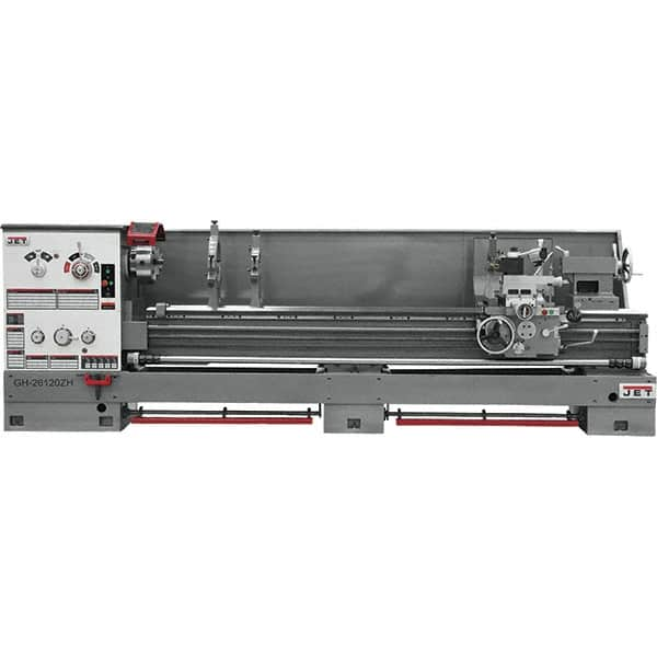 Jet - 26" Swing, 120" Between Centers, 230 Volt, Triple Phase Engine Lathe - 6MT Taper, 10 hp, 40 to 1,800 RPM, 4-1/8" Bore Diam, 43" Deep x 57" High x 177" Long - Americas Tooling