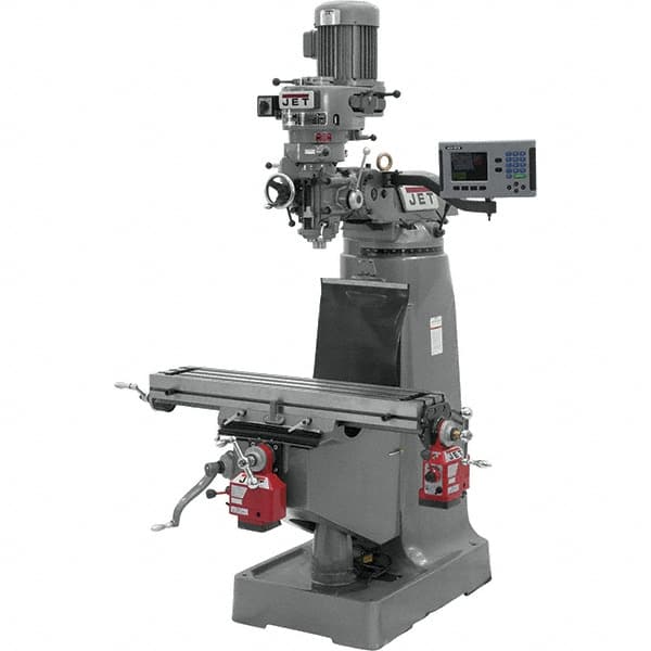 Jet - 9" Table Width x 42" Table Length, Step Pulley Control, 3 Phase Knee Milling Machine - R8 Spindle Taper, 2 hp - Americas Tooling