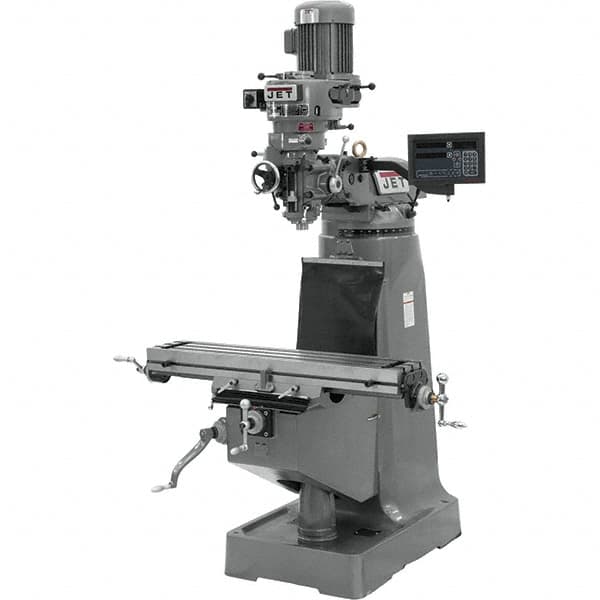 Jet - 9" Table Width x 42" Table Length, Step Pulley Control, 3 Phase Knee Milling Machine - R8 Spindle Taper, 2 hp - Americas Tooling