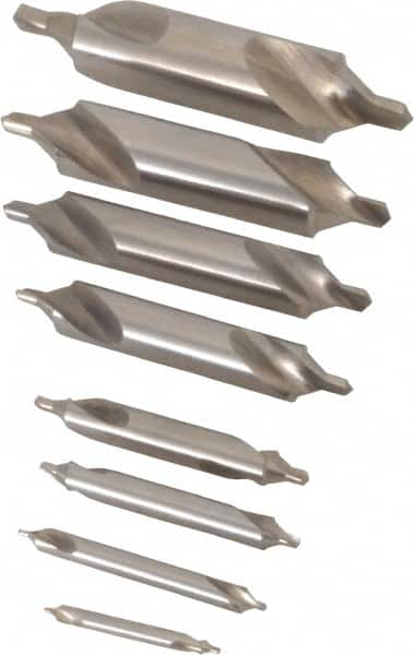 Chicago-Latrobe - 8 Piece, #11 to 18, 1/8 to 3/4" Body Diam, 3/64 to 1/4" Point Diam, Bell Edge, High Speed Steel Combo Drill & Countersink Set - 60° Incl Angle, 1/8 to 3-1/2" OAL, Double End, 217B Series Compatibility - Americas Tooling