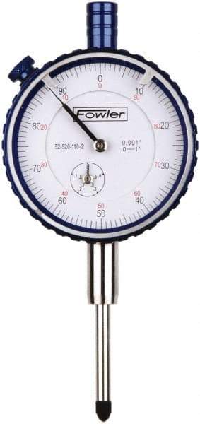 Fowler - 1" Range, 0-100 Dial Reading, 0.001" Graduation Dial Drop Indicator - 2-1/4" Dial, 0.1" Range per Revolution, Revolution Counter - Americas Tooling