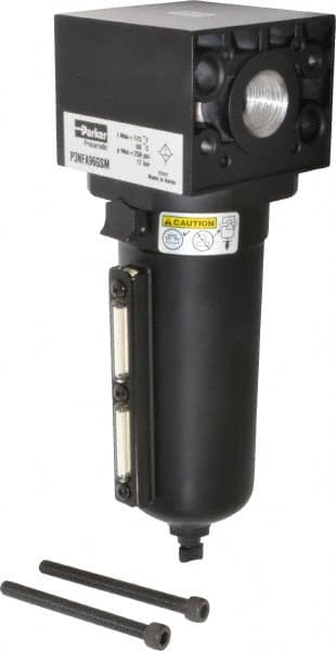 Parker - 3/4" Port, 10.95" High x 3.62" Wide Heavy Duty Filter with Metal Bowl, Manual Drain - 270 SCFM, 250 Max psi, 175°F Max Temp, Sight Glass Included, Modular Connection, 18 oz Bowl Capacity - Americas Tooling