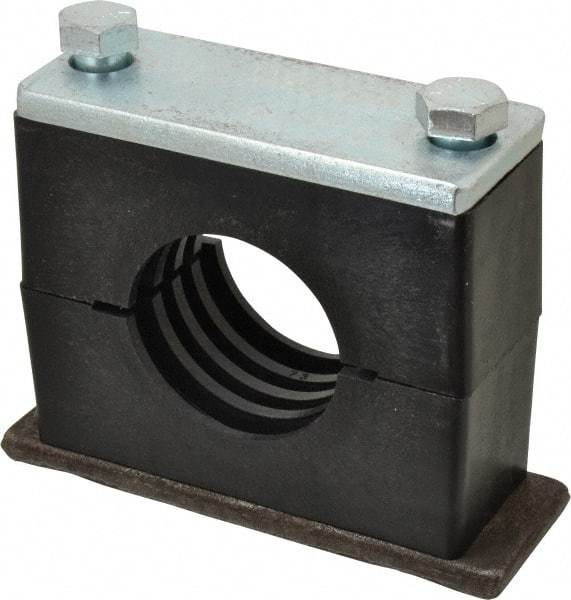 HYDAC - 7.09" Wide x 5.51" High x 2.36" Deep, Polypropylene Heavy Duty Vibration-Control Clamp - Carbon Steel Plate, For 2-1/2" Pipe, Mount with Weld Plate, Top Plate, Plastic Clamp Pair, Bolts - Americas Tooling