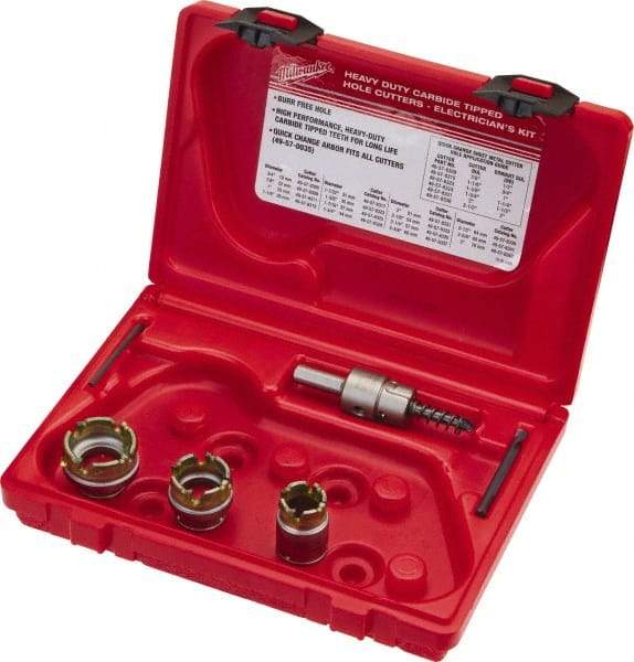 Milwaukee Tool - 5 Piece, 7/8" to 1-3/8" Saw Diam, Electrician's Hole Saw Kit - Carbide-Tipped, Gulleted Edge, Pilot Drill Model No. 49-57-0035, 49-57-0038, Includes 3 Hole Saws - Americas Tooling