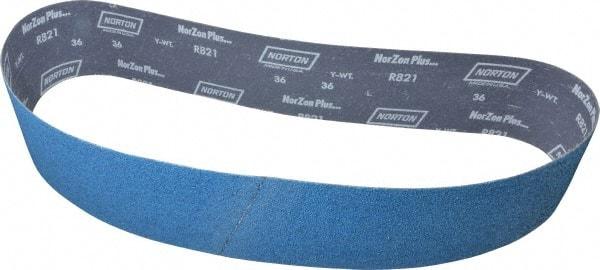 Norton - 4" Wide x 54" OAL, 36 Grit, Zirconia Alumina Abrasive Belt - Zirconia Alumina, Very Coarse, Coated, Y Weighted Cloth Backing, Series R821 - Americas Tooling