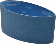 Norton - 3-1/2" Wide x 15-1/2" OAL, 100 Grit, Zirconia Alumina Abrasive Belt - Zirconia Alumina, Fine, Coated, X Weighted Cloth Backing, Series R823 - Americas Tooling