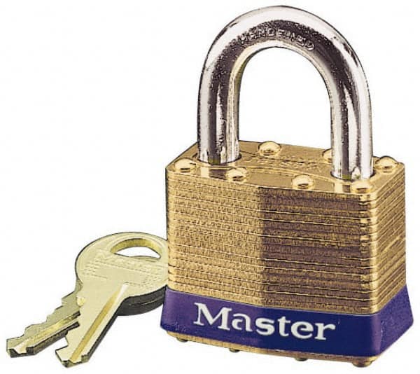 Master Lock - 15/16" Shackle Clearance, Keyed Different Laminated Brass Padlock - 5/16" Shackle Diam, Brass - Americas Tooling