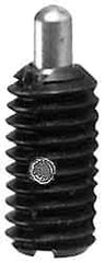 Jergens - 8-32, 1/2" Thread Length, 3/32" Plunger Projection, Steel Threaded Spring Plunger - 0.07" Max Plunger Diam, 1/2" Plunger Length, 0.5 Lb Init End Force, 2 Lb Final End Force - Americas Tooling