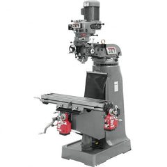 Jet - 9" Table Width x 42" Table Length, Step Pulley Control, 3 Phase Knee Milling Machine - R8 Spindle Taper, 2 hp - Americas Tooling