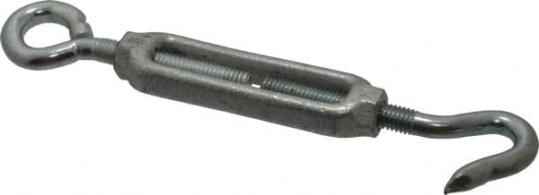 Made in USA - 144 (Eye) & 174 (Hook) Lb Load Limit, 3/8" Thread Diam, 2-7/8" Take Up, Malleable Iron Hook & Eye Turnbuckle - 3-7/8" Body Length, 1/4" Neck Length, 7-1/2" Closed Length - Americas Tooling