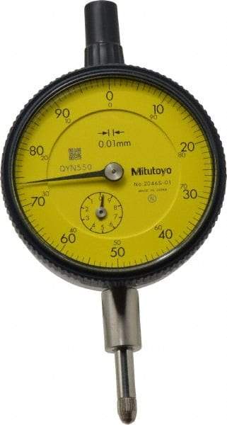 Mitutoyo - 10mm Range, 0-100 Dial Reading, 0.01mm Graduation Dial Drop Indicator - 2-3/16" Dial, 1mm Range per Revolution, 0.013mm Accuracy, Revolution Counter - Americas Tooling