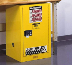 Justrite - 1 Door, 1 Shelf, Yellow Steel Space Saver Safety Cabinet for Flammable and Combustible Liquids - 35" High x 23-1/4" Wide x 18" Deep, Self Closing Door, 12 Gal Capacity - Americas Tooling