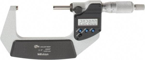 Mitutoyo - 2 to 3 Inch Range, 0.0001 Inch Resolution, Standard Throat, IP65 Electronic Outside Micrometer - 0.0001 Inch Accuracy, Ratchet Stop Thimble, Carbide Face, SR44 Battery, Includes Plastic Case - Americas Tooling