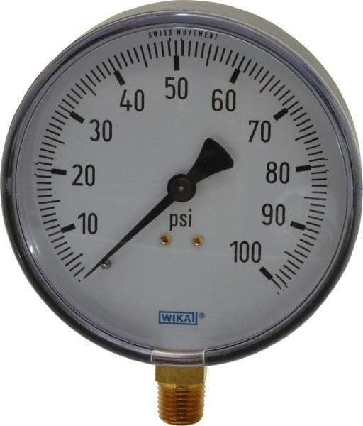 Wika - 4" Dial, 1/4 Thread, 0-100 Scale Range, Pressure Gauge - Lower Connection Mount, Accurate to 3-2-3% of Scale - Americas Tooling