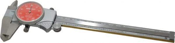 Mitutoyo - 0mm to 6" Range, 0.001" Graduation, 0.1" per Revolution, Dial Caliper - Red Face, 1-9/16" Jaw Length, Accurate to 0.0010" - Americas Tooling