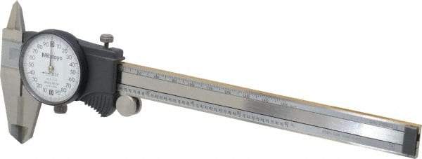 Mitutoyo - 0mm to 6" Range, 0.001" Graduation, 0.2" per Revolution, Dial Caliper - White Face, 1-9/16" Jaw Length, Accurate to 0.0010" - Americas Tooling