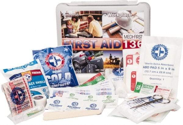 Medique - 136 Piece, Multipurpose/Auto/Travel First Aid Kit - 10-1/2" Wide x 3" Deep x 9" High, Plastic Case - Americas Tooling